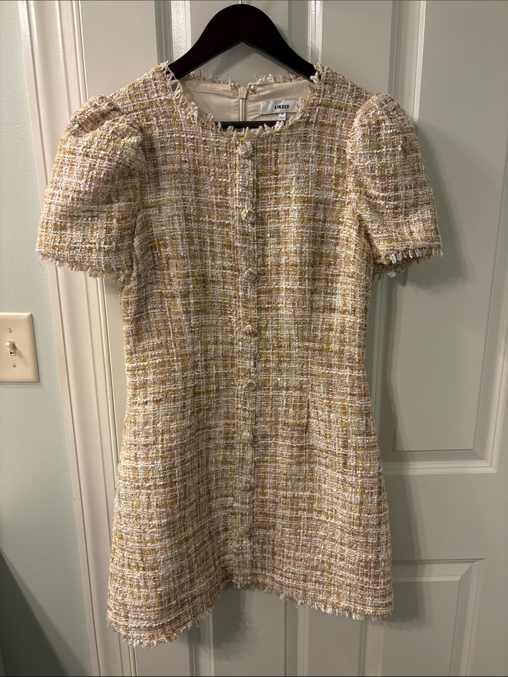 Likely Linen-Tone Tweed Shift Dress - Puff Sleeve